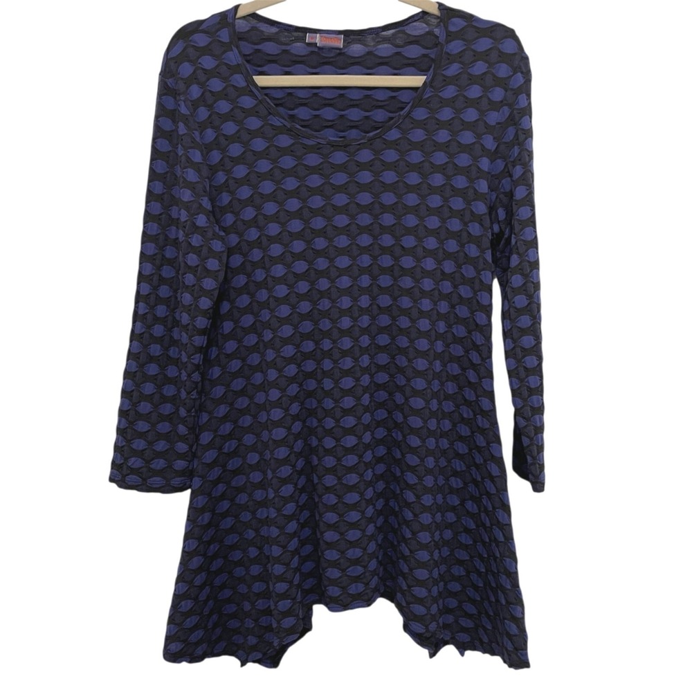 Tianello Asbury Blouse Purple Black Textured Bubble Knit Sharkbite Tunic Size M